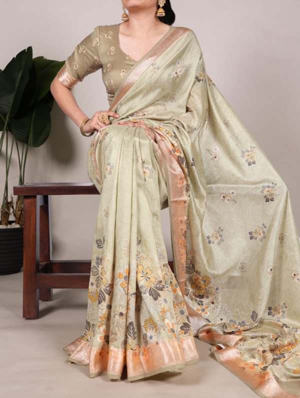 Glowing Light Pista Color Tushar Silk With Viscose Border Printed Saree