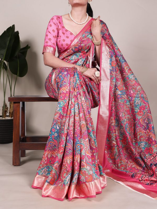 Glowing Pink Color Tushar Silk With Viscose Border Printed Saree