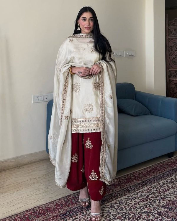 Glowing White Color Chinon Silk With Embroidery Work Salwar Suit