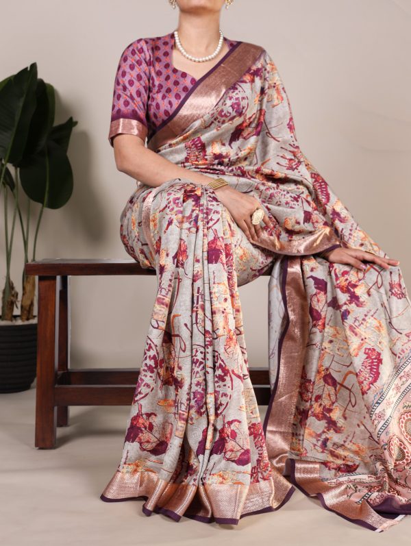 Glowing Wine Color Tushar Silk With Viscose Border Printed Saree