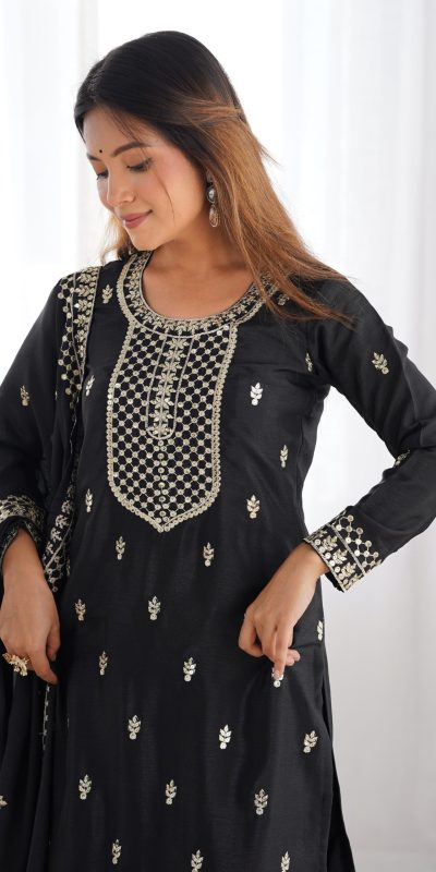 KB 282 Black Color Chinon Silk Embroidery With Jari Work Salwar Suit Casual, Wedding, Festive, Events . Expected Delivery 4-6 Working Days @1949/- only | Jump Suits, Casual Suits, Creative suits, Designer Suits, Palazzo Suits, Party Wear Suits, Patiala Suits, Salwar suit, Straight Suits