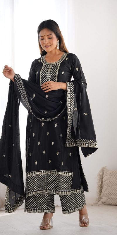 KB 282 Black Color Chinon Silk Embroidery With Jari Work Salwar Suit Casual, Wedding, Festive, Events . Expected Delivery 4-6 Working Days @1949/- only | Jump Suits, Casual Suits, Creative suits, Designer Suits, Palazzo Suits, Party Wear Suits, Patiala Suits, Salwar suit, Straight Suits