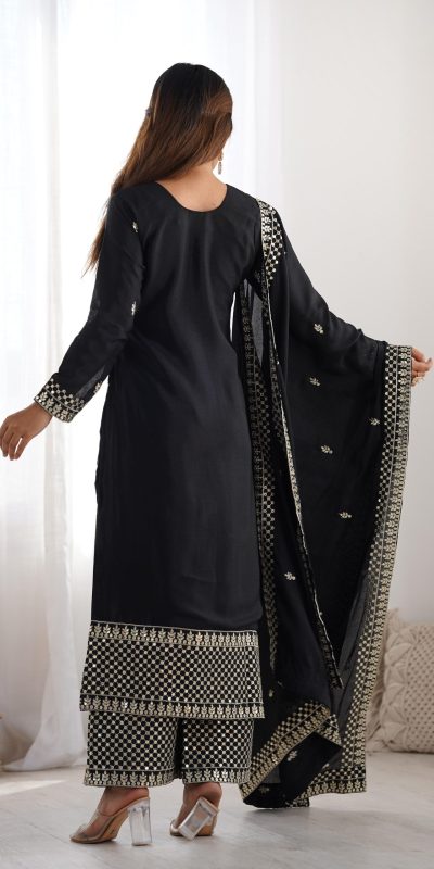 KB 282 Black Color Chinon Silk Embroidery With Jari Work Salwar Suit Casual, Wedding, Festive, Events . Expected Delivery 4-6 Working Days @1949/- only | Jump Suits, Casual Suits, Creative suits, Designer Suits, Palazzo Suits, Party Wear Suits, Patiala Suits, Salwar suit, Straight Suits