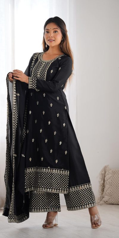 KB 282 Black Color Chinon Silk Embroidery With Jari Work Salwar Suit Casual, Wedding, Festive, Events . Expected Delivery 4-6 Working Days @1949/- only | Jump Suits, Casual Suits, Creative suits, Designer Suits, Palazzo Suits, Party Wear Suits, Patiala Suits, Salwar suit, Straight Suits