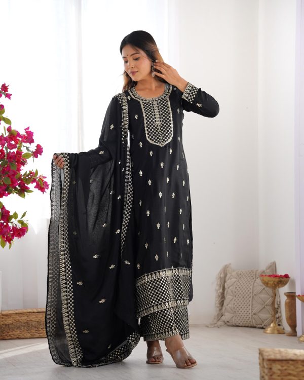 Lovely Black Color Chinon Silk Embroidery Jari Work Salwar Suit