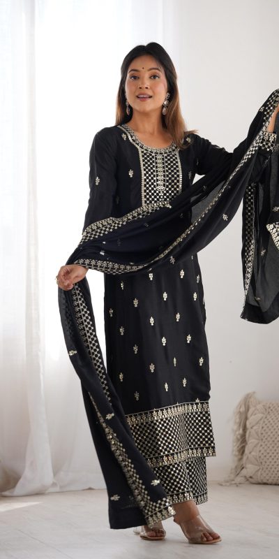 KB 282 Black Color Chinon Silk Embroidery With Jari Work Salwar Suit Casual, Wedding, Festive, Events . Expected Delivery 4-6 Working Days @1949/- only | Jump Suits, Casual Suits, Creative suits, Designer Suits, Palazzo Suits, Party Wear Suits, Patiala Suits, Salwar suit, Straight Suits