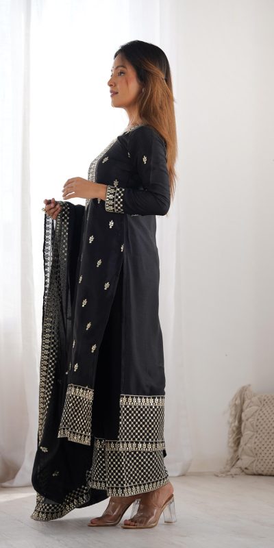 KB 282 Black Color Chinon Silk Embroidery With Jari Work Salwar Suit Casual, Wedding, Festive, Events . Expected Delivery 4-6 Working Days @1949/- only | Jump Suits, Casual Suits, Creative suits, Designer Suits, Palazzo Suits, Party Wear Suits, Patiala Suits, Salwar suit, Straight Suits