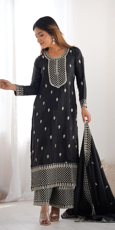 KB 282 Black Color Chinon Silk Embroidery With Jari Work Salwar Suit Casual, Wedding, Festive, Events . Expected Delivery 4-6 Working Days @1949/- only | Jump Suits, Casual Suits, Creative suits, Designer Suits, Palazzo Suits, Party Wear Suits, Patiala Suits, Salwar suit, Straight Suits