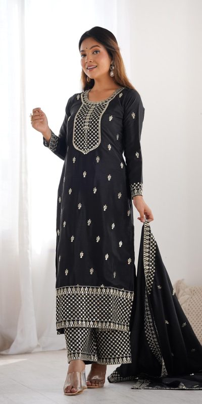KB 282 Black Color Chinon Silk Embroidery With Jari Work Salwar Suit Casual, Wedding, Festive, Events . Expected Delivery 4-6 Working Days @1949/- only | Jump Suits, Casual Suits, Creative suits, Designer Suits, Palazzo Suits, Party Wear Suits, Patiala Suits, Salwar suit, Straight Suits