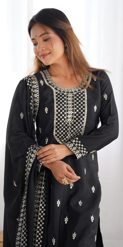 KB 282 Black Color Chinon Silk Embroidery With Jari Work Salwar Suit Casual, Wedding, Festive, Events . Expected Delivery 4-6 Working Days @1949/- only | Jump Suits, Casual Suits, Creative suits, Designer Suits, Palazzo Suits, Party Wear Suits, Patiala Suits, Salwar suit, Straight Suits