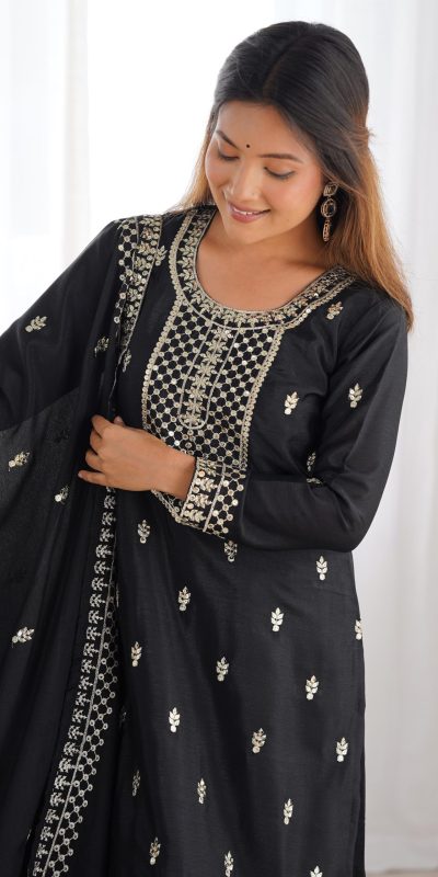 KB 282 Black Color Chinon Silk Embroidery With Jari Work Salwar Suit Casual, Wedding, Festive, Events . Expected Delivery 4-6 Working Days @1949/- only | Jump Suits, Casual Suits, Creative suits, Designer Suits, Palazzo Suits, Party Wear Suits, Patiala Suits, Salwar suit, Straight Suits