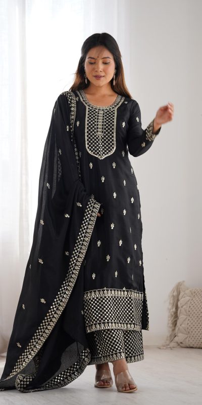 KB 282 Black Color Chinon Silk Embroidery With Jari Work Salwar Suit Casual, Wedding, Festive, Events . Expected Delivery 4-6 Working Days @1949/- only | Jump Suits, Casual Suits, Creative suits, Designer Suits, Palazzo Suits, Party Wear Suits, Patiala Suits, Salwar suit, Straight Suits
