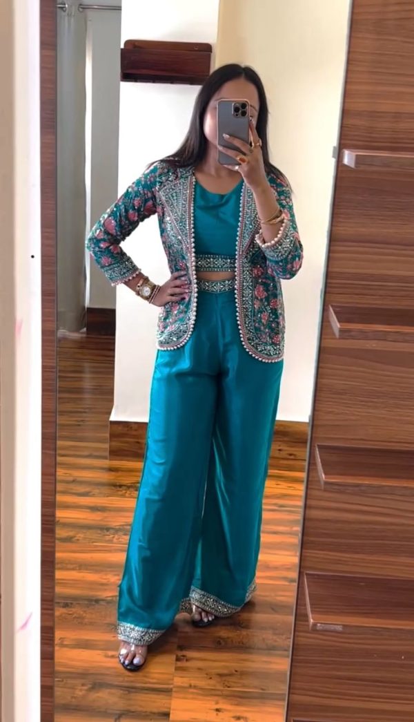 Lovely Blue Color Chinon Embroidery With Moti Lace Salwar Suit