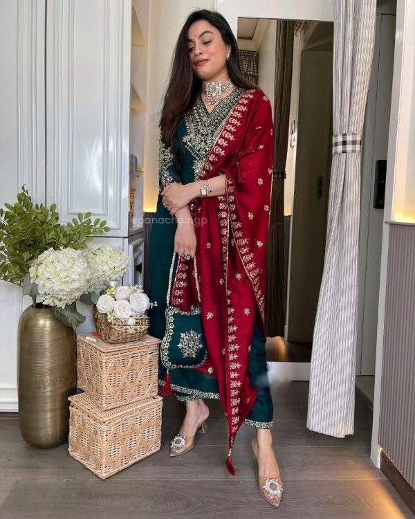 Lovely Peacock Blue Color Chinon Embroidery Work Salwar Suit