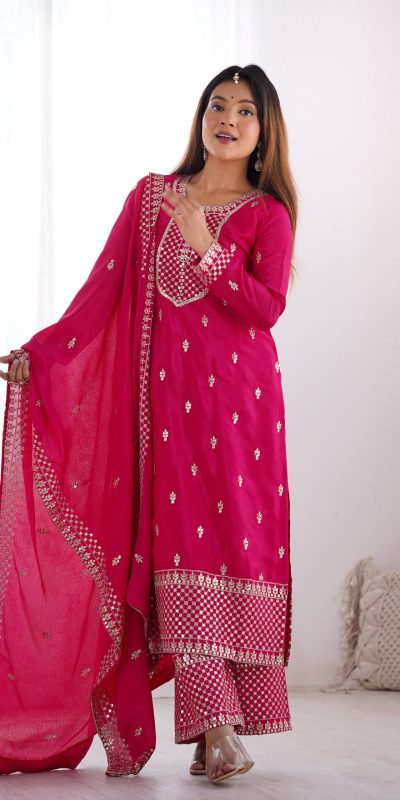 KB 282 Pink Color Chinon Silk Embroidery Jari Work Salwar Suit Casual, Wedding, Festive, Events . Expected Delivery 4-6 Working Days @1949/- only | Jump Suits, Casual Suits, Creative suits, Designer Suits, Palazzo Suits, Party Wear Suits, Patiala Suits, Salwar suit, Straight Suits