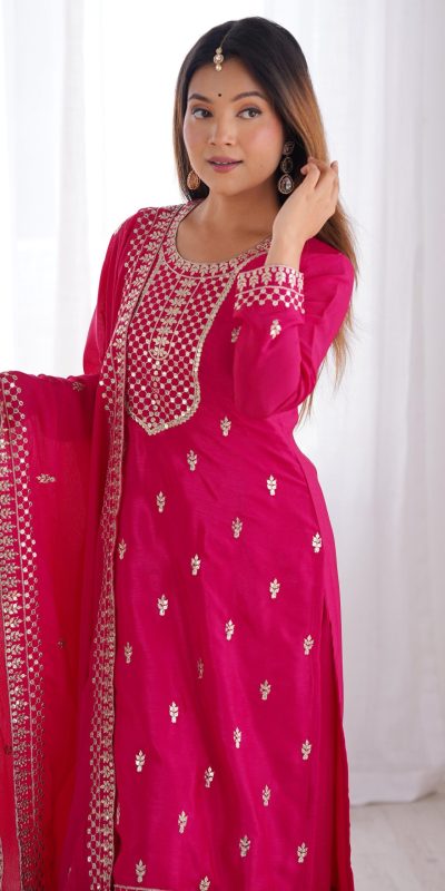 KB 282 Pink Color Chinon Silk Embroidery Jari Work Salwar Suit Casual, Wedding, Festive, Events . Expected Delivery 4-6 Working Days @1949/- only | Jump Suits, Casual Suits, Creative suits, Designer Suits, Palazzo Suits, Party Wear Suits, Patiala Suits, Salwar suit, Straight Suits