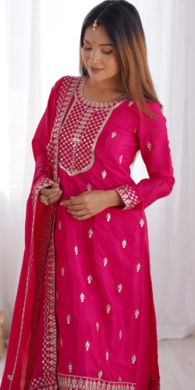 KB 282 Pink Color Chinon Silk Embroidery Jari Work Salwar Suit Casual, Wedding, Festive, Events . Expected Delivery 4-6 Working Days @1949/- only | Jump Suits, Casual Suits, Creative suits, Designer Suits, Palazzo Suits, Party Wear Suits, Patiala Suits, Salwar suit, Straight Suits
