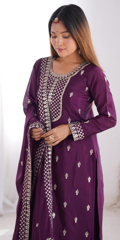 KB 282 Wine Color Chinon Silk Embroidery With Jari Work Salwar Suit Casual, Wedding, Festive, Events . Expected Delivery 4-6 Working Days @1949/- only | Jump Suits, Casual Suits, Creative suits, Designer Suits, Palazzo Suits, Party Wear Suits, Patiala Suits, Salwar suit, Straight Suits