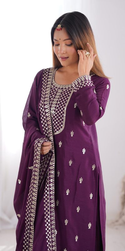 KB 282 Wine Color Chinon Silk Embroidery With Jari Work Salwar Suit Casual, Wedding, Festive, Events . Expected Delivery 4-6 Working Days @1949/- only | Jump Suits, Casual Suits, Creative suits, Designer Suits, Palazzo Suits, Party Wear Suits, Patiala Suits, Salwar suit, Straight Suits