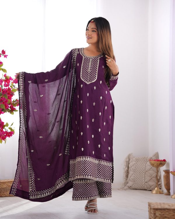 Lovely Wine Color Chinon Silk Embroidery Jari Work Salwar Suit