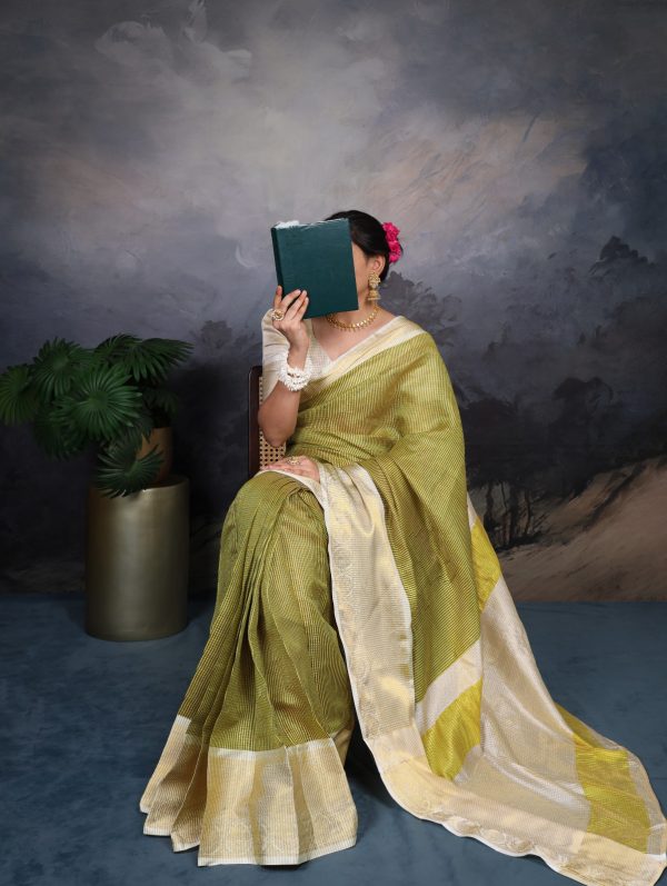 Magical Green Color Jacquard Chex Zari Weaving Work Saree