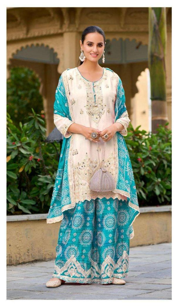 Nice Blue Color Chinon Sequence Mirror Hand Work Salwar Suit