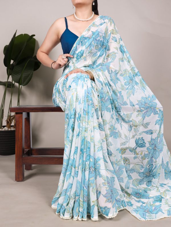 Nice Blue Color Weightless Marble Floral Print Pearl Lace Border Saree