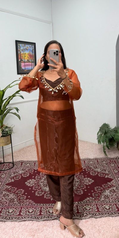 ST 1100 Brown Color Organza Mirror Lace Work Salwar Suit Casual, Wedding, Festive, Events . Expected Delivery 4-6 Working Days @1699/- only | Jump Suits, Casual Suits, Creative suits, Designer Suits, Palazzo Suits, Party Wear Suits, Patiala Suits, Salwar suit, Straight Suits