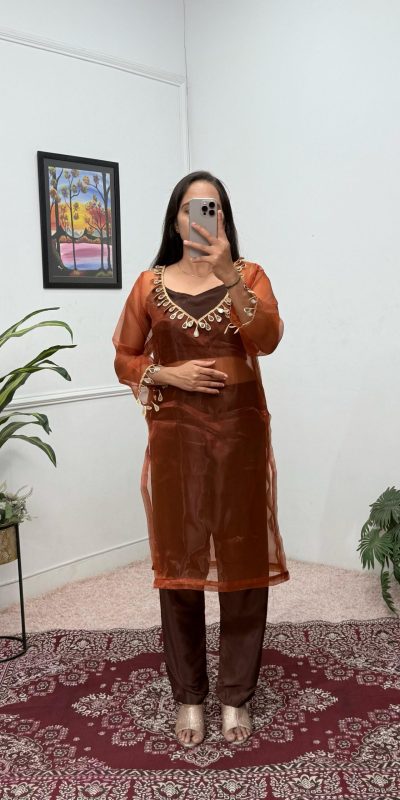 ST 1100 Brown Color Organza Mirror Lace Work Salwar Suit Casual, Wedding, Festive, Events . Expected Delivery 4-6 Working Days @1699/- only | Jump Suits, Casual Suits, Creative suits, Designer Suits, Palazzo Suits, Party Wear Suits, Patiala Suits, Salwar suit, Straight Suits