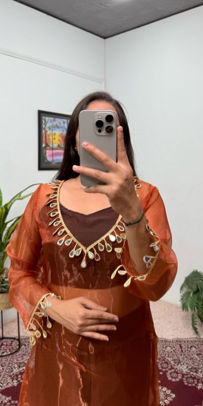 ST 1100 Brown Color Organza Mirror Lace Work Salwar Suit Casual, Wedding, Festive, Events . Expected Delivery 4-6 Working Days @1699/- only | Jump Suits, Casual Suits, Creative suits, Designer Suits, Palazzo Suits, Party Wear Suits, Patiala Suits, Salwar suit, Straight Suits