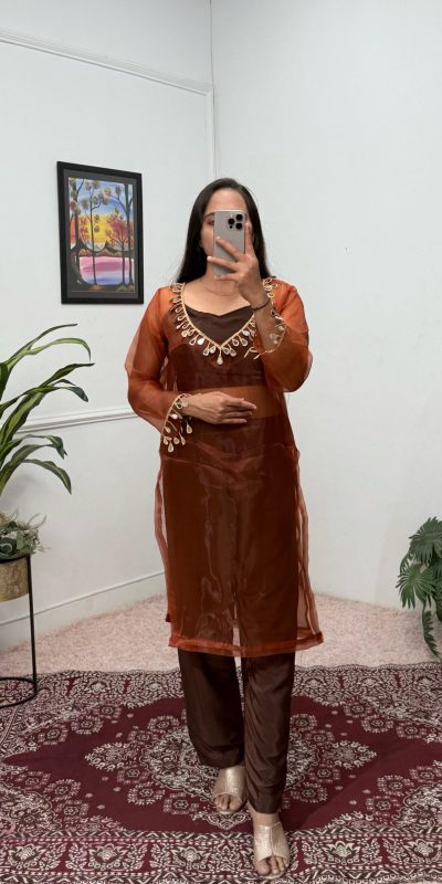 ST 1100 Brown Color Organza Mirror Lace Work Salwar Suit Casual, Wedding, Festive, Events . Expected Delivery 4-6 Working Days @1699/- only | Jump Suits, Casual Suits, Creative suits, Designer Suits, Palazzo Suits, Party Wear Suits, Patiala Suits, Salwar suit, Straight Suits