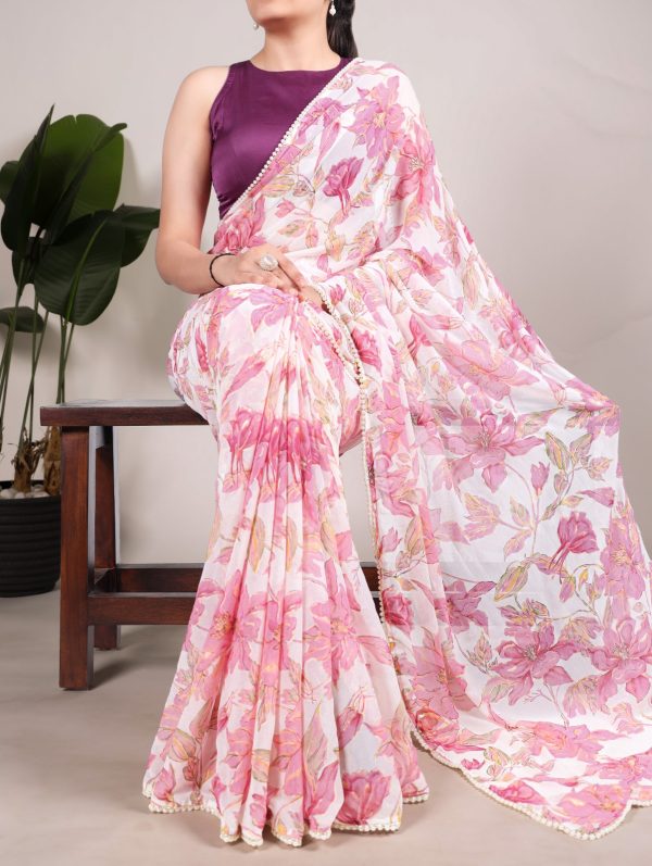 Nice Peach Color Weightless Marble Floral Print Pearl Lace Border Saree