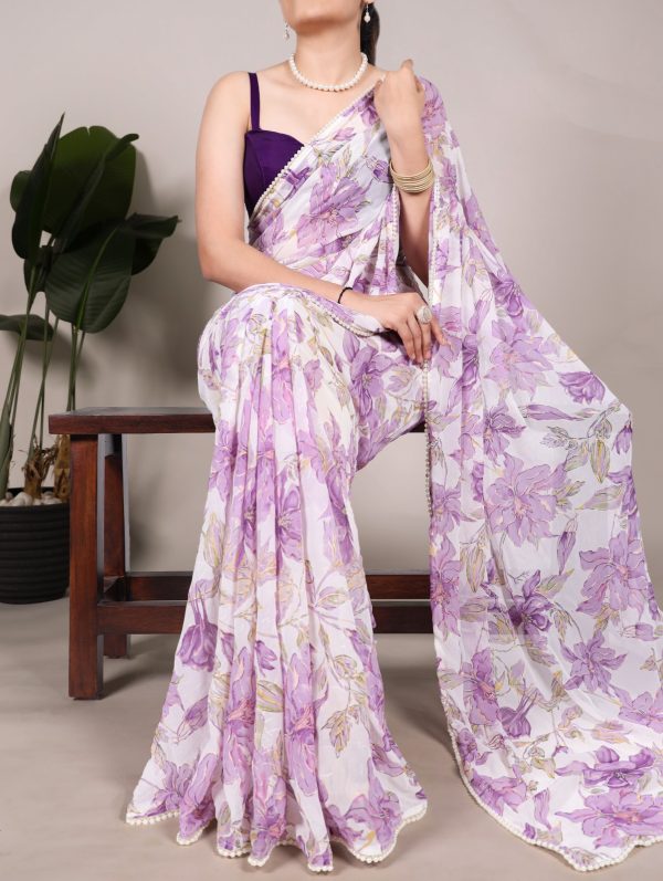 Nice Purple Color Weightless Marble Floral Print Pearl Lace Border Saree
