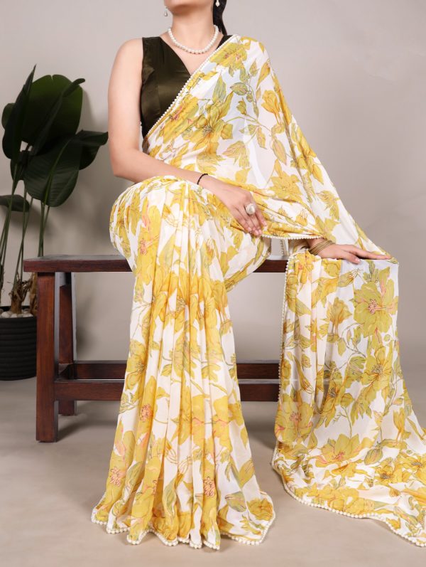 Nice Yellow Color Weightless Marble Floral Print Pearl Lace Border Saree