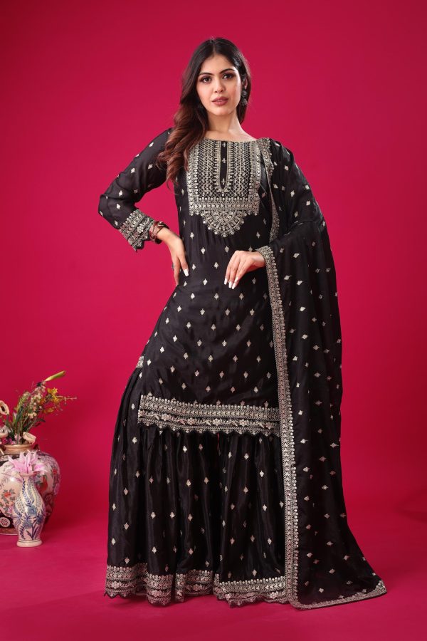 Perfect Black Color Chinon Silk Sequence Work Salwar Suit
