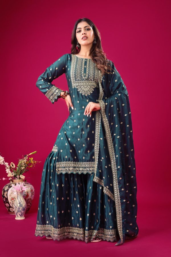 Perfect Peacock Blue Color Chinon Silk Sequence Work Salwar Suit