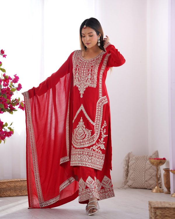 Perfect Red Color Vichitra Silk Embroidery Sequence Salwar Suit
