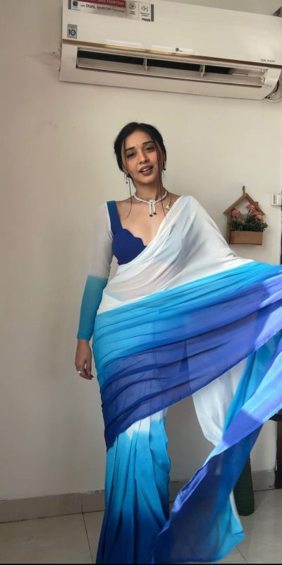 SC 230 White And Blue Color Soft Georgette Silk Ready To Wear Saree Casual, Wedding, Festive, Events . Expected Delivery 4-6 Working Days @1549/- only | Bollywood Sarees, Creative Sarees, Designer Sarees, Embroidered Sarees, Ethnic Saree, Modern Digital sarees, Party Wear Sarees, Sarees