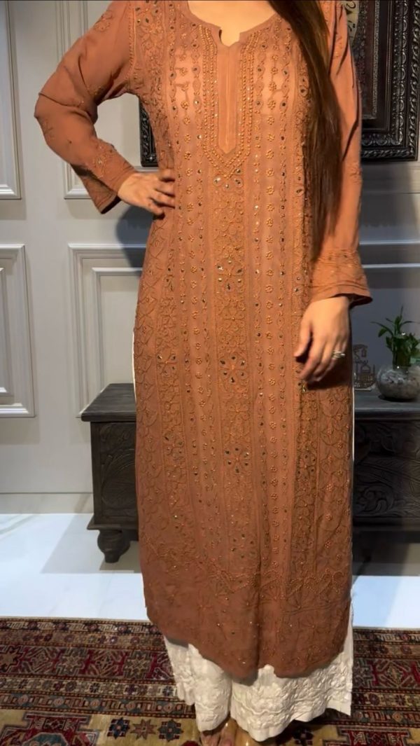 Pretty Coffee Color Rayon Embroidery Foil Thread Work Salwar Suit