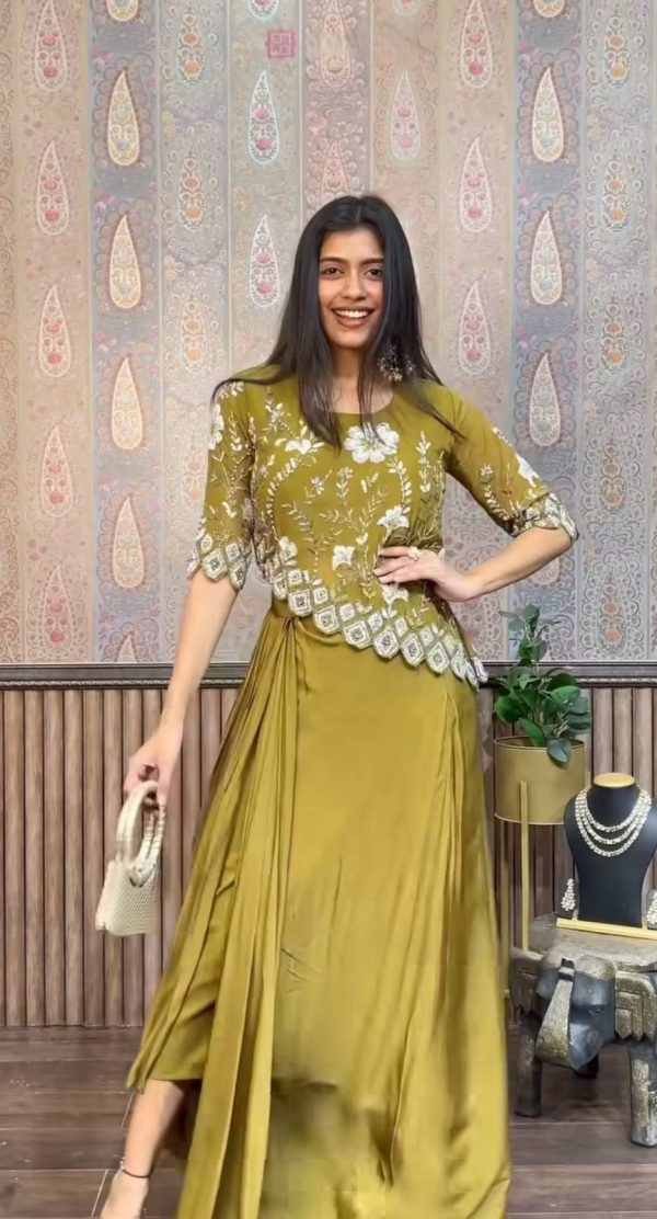 Pretty Mehndi Color Chinon Sequence Work Skirt Suit