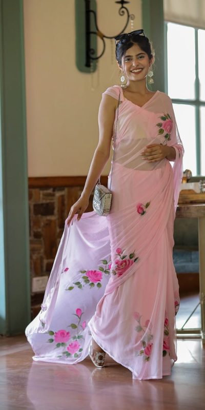 SC 405 Pink Color Soft Georgette Silk All Over Saree Casual, Wedding, Festive, Events . Expected Delivery 4-6 Working Days @1599/- only | Bollywood Sarees, Creative Sarees, Designer Sarees, Embroidered Sarees, Ethnic Saree, Modern Digital sarees, Party Wear Sarees, Sarees