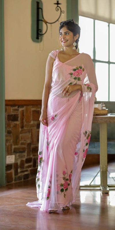 SC 405 Pink Color Soft Georgette Silk All Over Saree Casual, Wedding, Festive, Events . Expected Delivery 4-6 Working Days @1599/- only | Bollywood Sarees, Creative Sarees, Designer Sarees, Embroidered Sarees, Ethnic Saree, Modern Digital sarees, Party Wear Sarees, Sarees