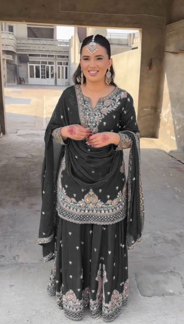 Shine Black Color Chinon Silk Thread Sequence Work Salwar Suit