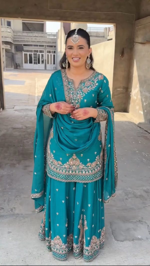 Shine Blue Color Chinon Silk Thread Sequence Work Salwar Suit