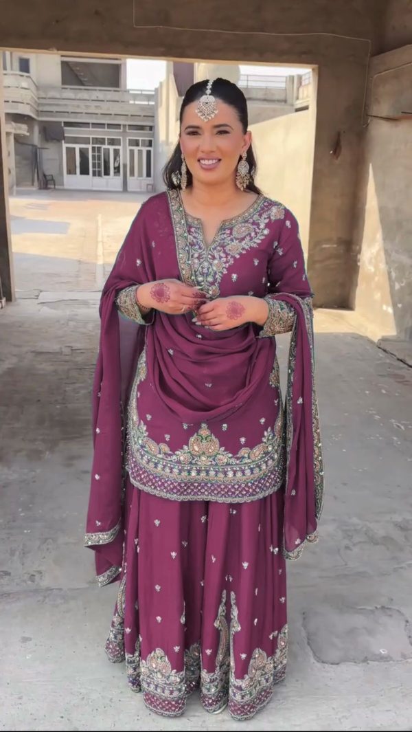 Shine Wine Color Chinon Silk Thread Sequence Work Salwar Suit