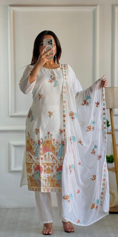 VLM 244 White Color Roman Silk With Embroidery Work Salwar Suit Casual, Wedding, Festive, Events . Expected Delivery 4-6 Working Days @2099/- only | Jump Suits, Casual Suits, Creative suits, Designer Suits, Palazzo Suits, Party Wear Suits, Patiala Suits, Salwar suit, Straight Suits