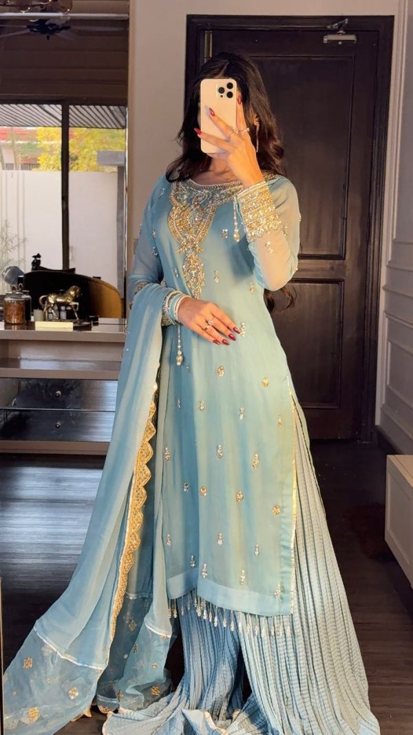 Simple Sky blue Color Georgette Sequence Beads Work Salwar Suit