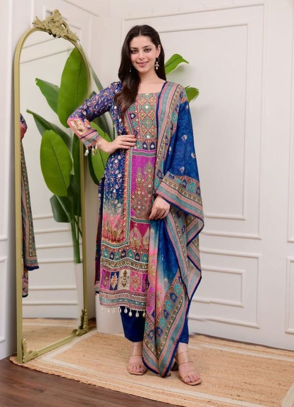 Special Royal Blue Color Chinon Printed Mirror Work Moti Lace Salwar Suit