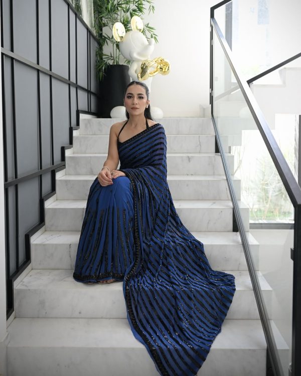 Stunning Navy Blue Color Georgette Sequence Work Saree