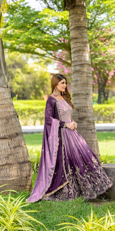 Ram 096 Purple Color Chinon Sequence Embroidery Work Gown Casual, Wedding, Festive, Events . Expected Delivery 4-6 Working Days @2449/- only | Bollywood Gowns, Creative Gowns, Designer Gowns, Embroidered Gowns, Gowns, Party Wear Gowns, Straight Suits